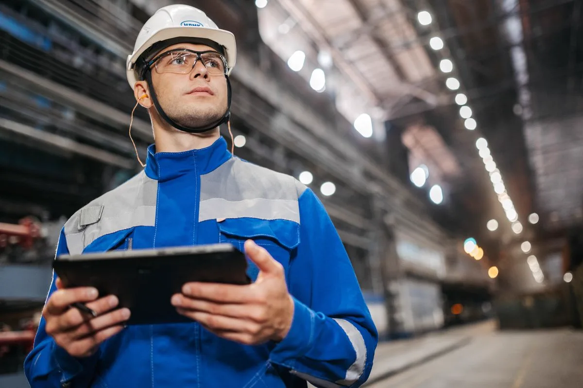 Factory technician in safety gear reviewing equipment status on a tablet on the plant floor